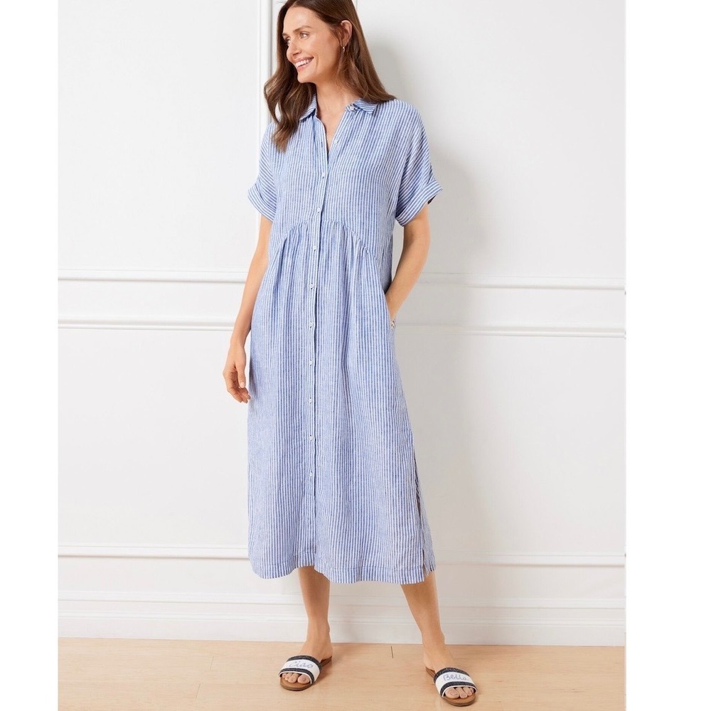 Talbots 100% Linen Drop Waist Blue White Striped Shirtdress Midi Minimalist XL P